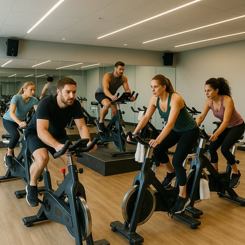 Grupa osób podczas intensywnych zajęć spinningowych w profesjonalnej sali fitness – dynamiczny trening na rowerach stacjonarnych, idealny przykład na to, co to jest spinning.