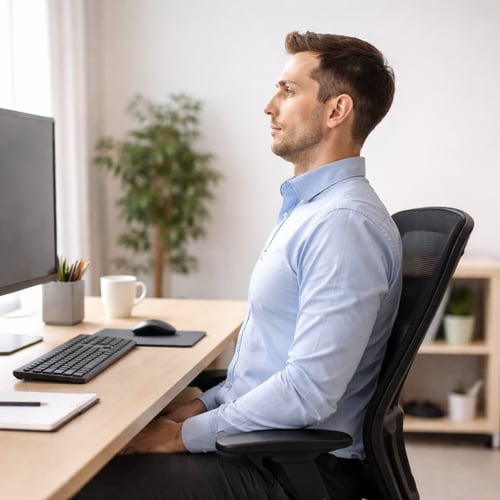 Mężczyzna siedzący prosto na ergonomicznym krześle przy biurku, prezentujący prawidłową postawę i ćwiczenia dla osób pracujących przy komputerze.