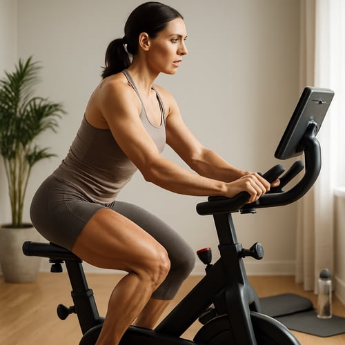 Kobieta w skupieniu realizuje trening na rowerku stacjonarnym według planu treningowego – ćwiczenia cardio w domowym zaciszu.