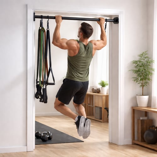Mężczyzna wykonujący podciąganie na drążku rozporowym z hakami, z zawieszonymi taśmami treningowymi i gumami oporowymi w domowym wnętrzu fitness.