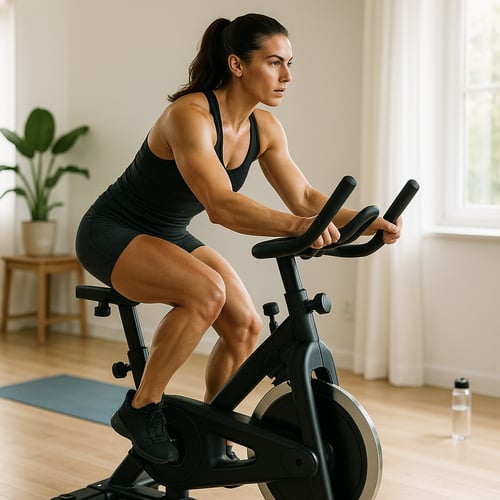 Kobieta wykonuje intensywny trening na rowerku stacjonarnym w domowej siłowni – plan treningowy na rower stacjonarny dla zaawansowanych.