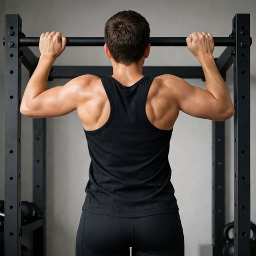 Mężczyzna od tyłu wykonuje podciąganie na drążku w profesjonalnej klatce do ćwiczeń. Widoczne są mocno napięte mięśnie pleców i ramion w szczytowej fazie ruchu. Osoba ćwicząca ma na sobie czarny tank top, a trening odbywa się na tle szarej, minimalistycznej ściany.