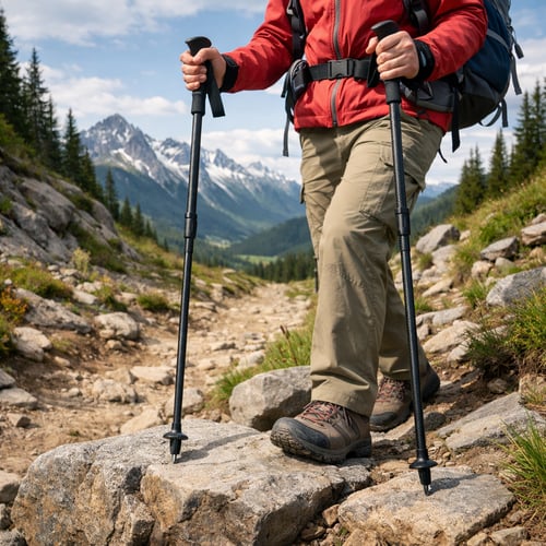 Zbliżenie na nogi i kijki trekkingowe turysty maszerującego po skalistej ścieżce w górach – jakie kijki trekkingowe sprawdzą się najlepiej podczas górskich wypraw.