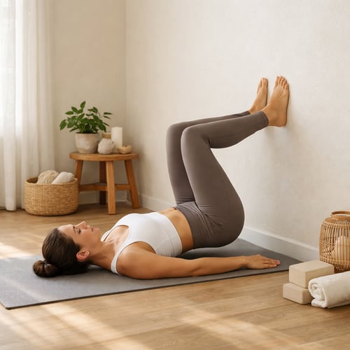 Kobieta wykonuje pilates przy ścianie w jasnym, przytulnym wnętrzu. Leży na szarej macie z nogami ugiętymi w kolanach i stopami opartymi płasko o ścianę, unosząc biodra do góry. Obok znajdują się akcesoria do jogi: klocki, zwinięte ręczniki oraz roślina doniczkowa na drewnianym stołku.