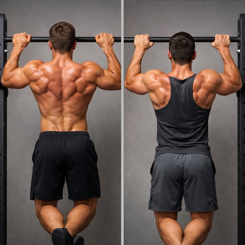 Zestawienie dwóch zdjęć pokazujące podciąganie na drążku nachwytem. Po lewej stronie mężczyzna bez koszulki prezentuje pełną definicję mięśni najszerszych grzbietu i czworobocznych. Po prawej ta sama pozycja w ciemnoszarym tank topie. Obie grafiki podkreślają prawidłowe napięcie sylwetki podczas treningu siłowego.