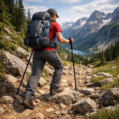 Mężczyzna z dużym plecakiem idzie kamienistym szlakiem górskim, używając kijków trekkingowych – jakie kijki trekkingowe wybrać do wędrówek w trudnym terenie.