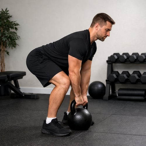 Mężczyzna w czarnym stroju wykonujący martwy ciąg z kettlebell w siłowni – ćwiczenie siły dolnej partii ciała, ilustracja do tematu jaki ciężar kettlebell na początek.