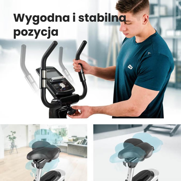 Rower treningowy HS-209H Apollo srebrny wyposażony w regulację kąta nachylenia kierownicy oraz pionową i poziomą siodełka