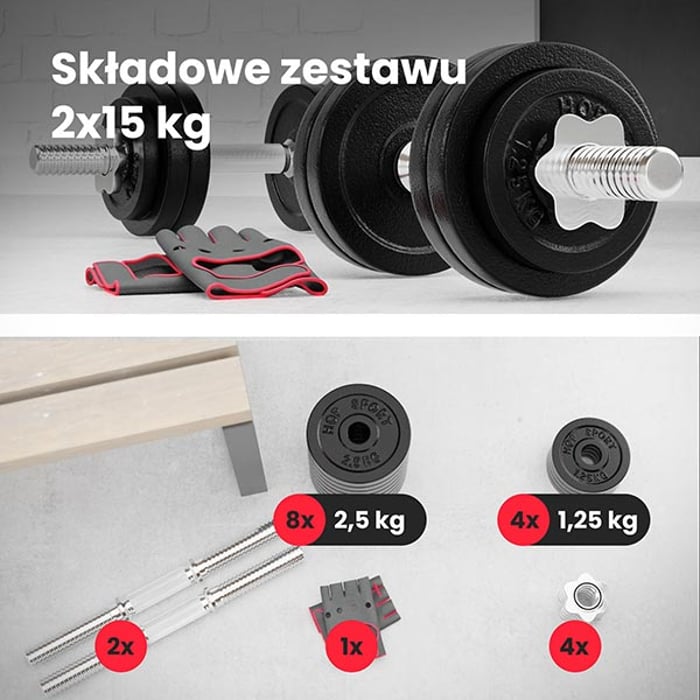 Zawartość hantli hop-sport 2 x 15 kg, 12 obciążeń żeliwnych, 2 gryfy, rękawiczki neoprenowe 