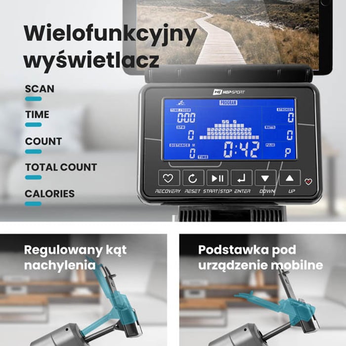 wioślarz treningowy hs-095r Spike wyposażony w komputer z podstawką i czytelnym wyświetlaczem