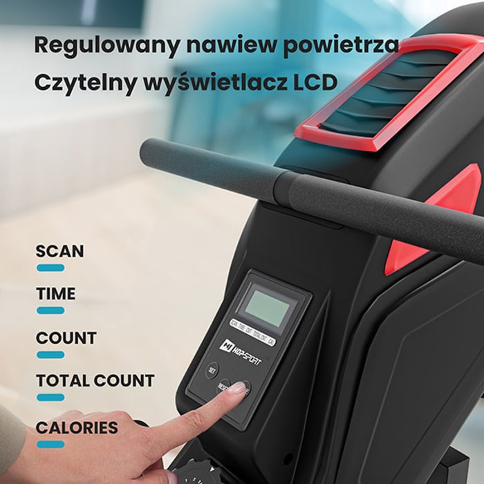 wioślarz treningowy hop-sport HS-070R Rush wyposażony w komputer z czytelnym wyświetlaczem