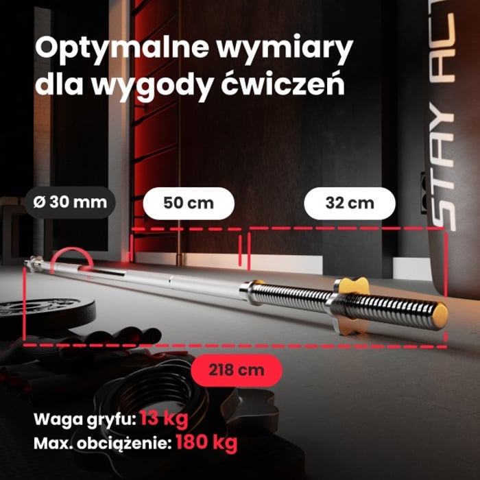 Wymiary gryfu 218 cm ze stali chromowanej marki Hop-sport o średnicy 30 mm