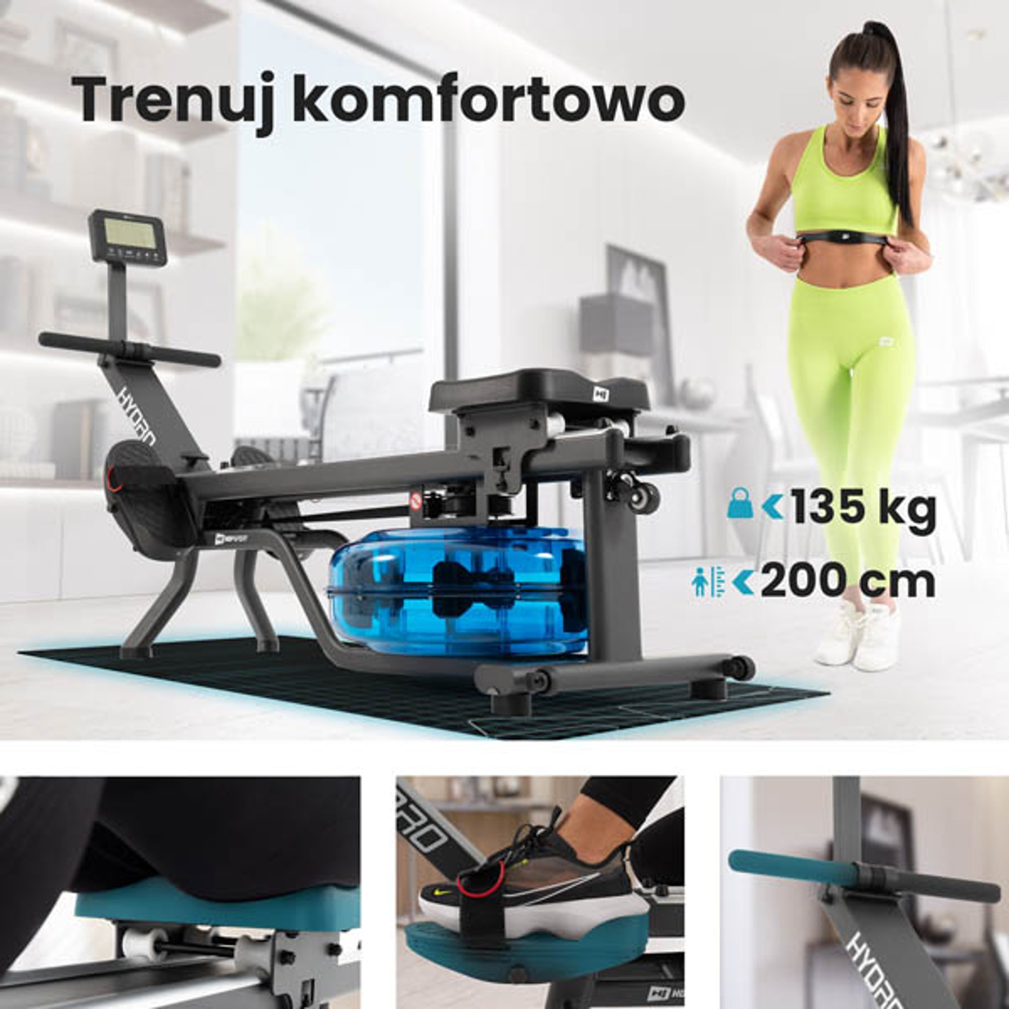 Konstrukcja wioślarza Hydro została wykonana z solidnych, stalowych komponentów