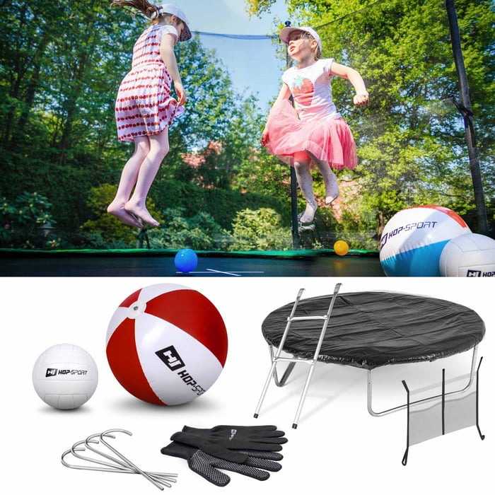 Pokazane gratisy, które są dołączane do trampoliny ogrodowej marki Hop-sport 