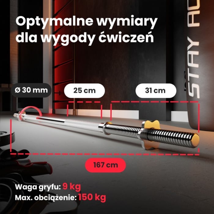 Wymiary gryfu 167 cm ze stali chromowanej marki Hop-sport o średnicy 30 mm