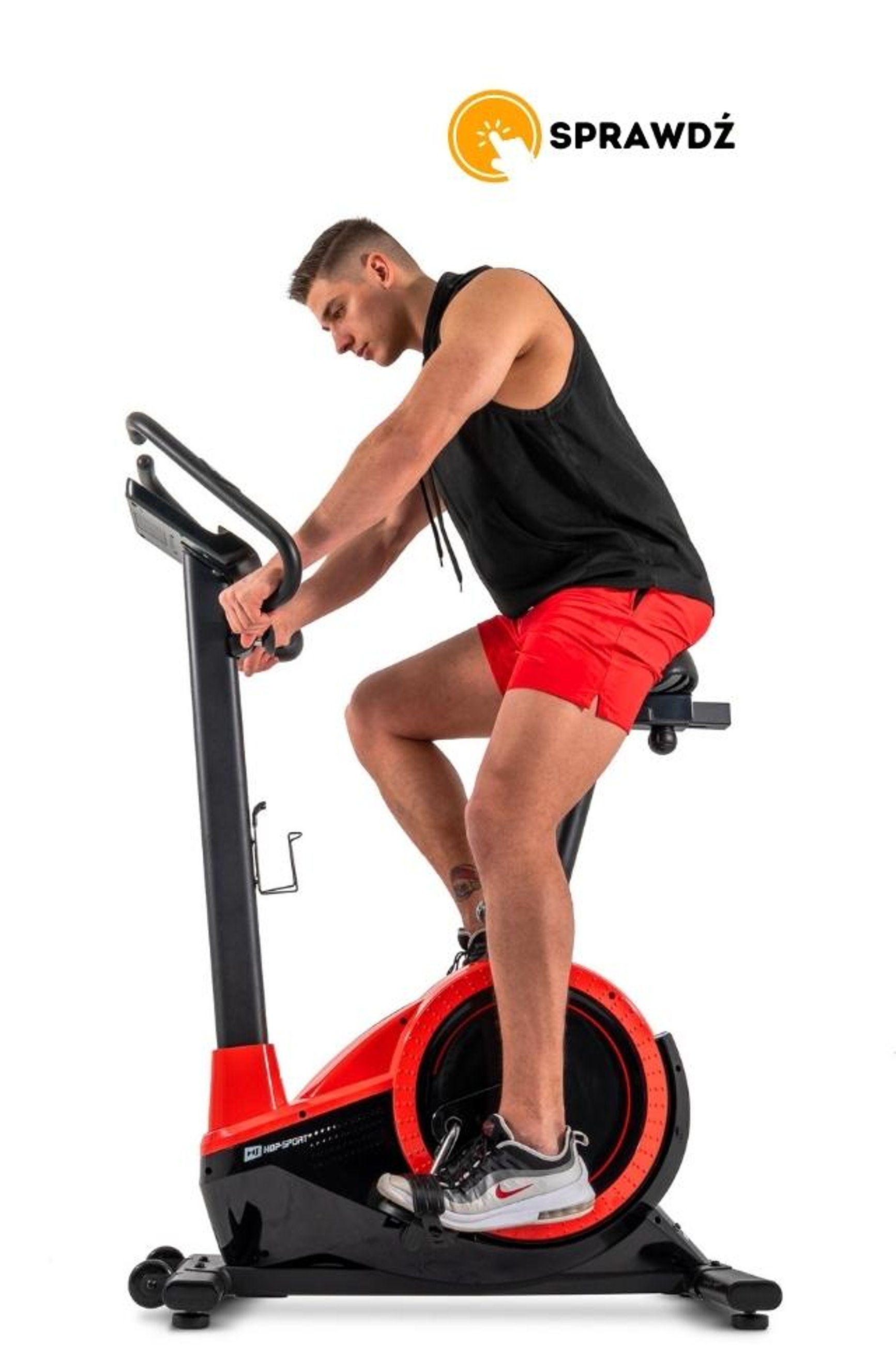 model ćwiczący na rowerze stacjonarnym pionowym HS-060H Exige czerwonym marki Hop-Sport