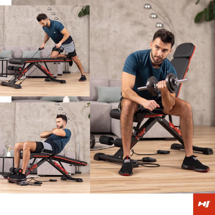 Regulowana ławka 2080HB marki Hop-Sport możliwość ćwiczenia w wielu ustawieniach oparcia