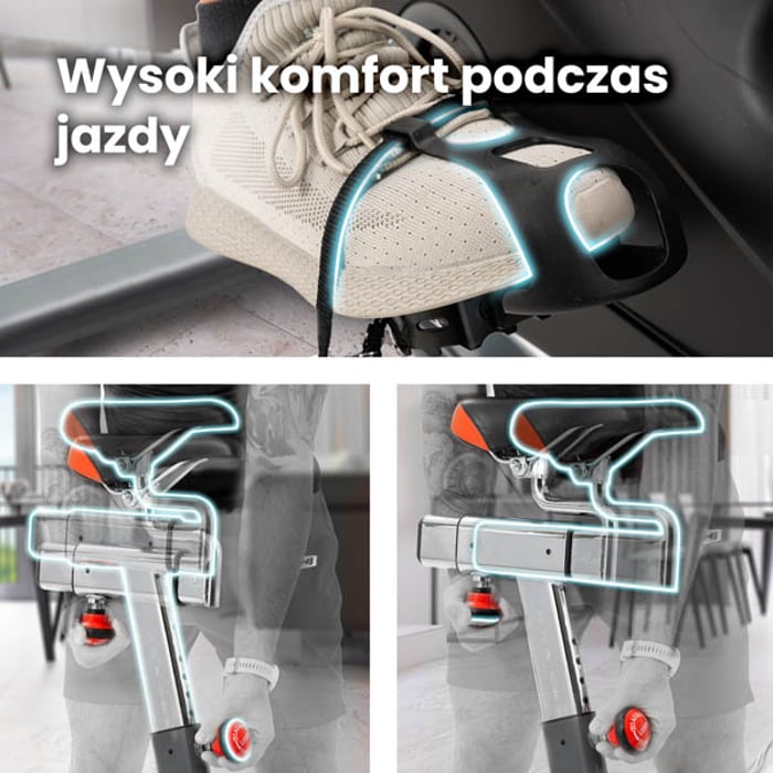 Rower spinningowy HS-065IC Delta wyposażony w pionową i poziomą regulację siodełka oraz pedały z paskami