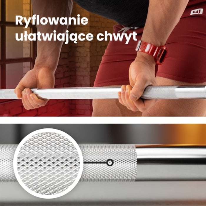 Zbliżenie na ryflowanie w gryfie ze stali chromowanej marki Hop-sport