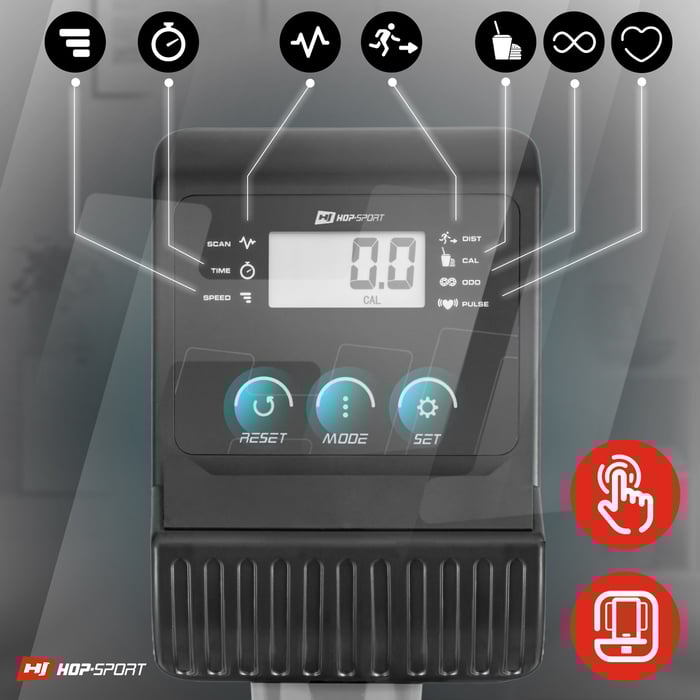 Rower treningowy HS-2050H Sonic srebrny wyposażony w komputer z podstawką i czytelnym wyświetlaczem