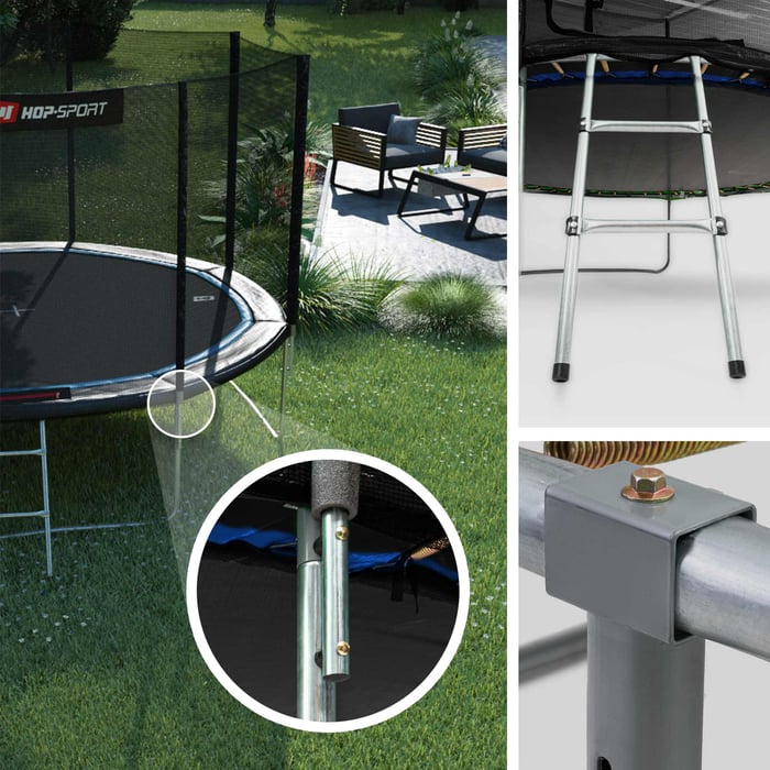 Konstrukcja trampoliny ogrodowej z siatką zewnętrzną marki Hop-sport w kolorze czarno-niebieskim