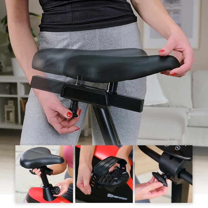 Rower stacjonarny HS-005H Host czerwony z regulacją pionowa i pozioma siodełka, regulacją kierownicy i pasków pedałów