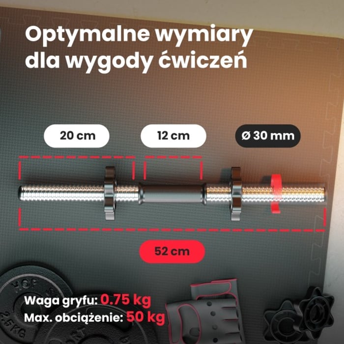 Wymiary gryfu do hantli 52 cm marki Hop-sport o średnicy 30 mm