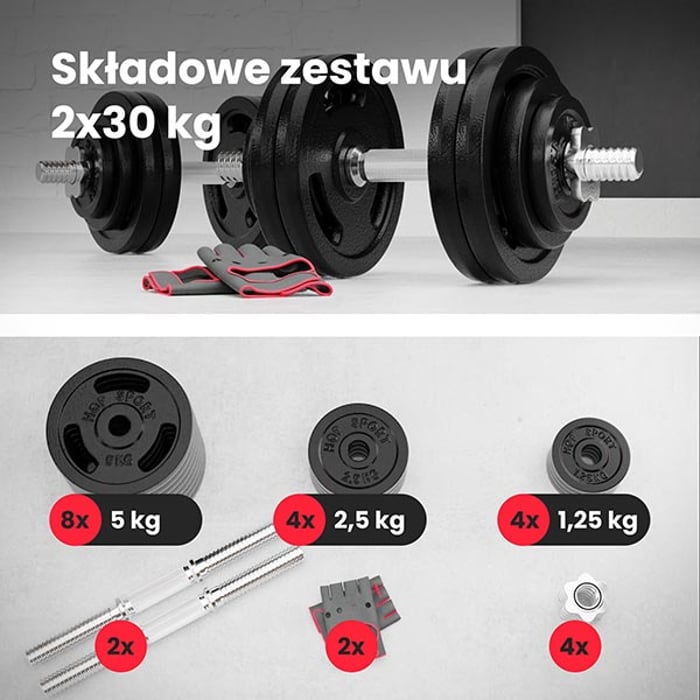 Zawartość hantli hop-sport 2 x 30 kg, 16 obciążeń żeliwnych, 2 gryfy, rękawiczki neoprenowe 