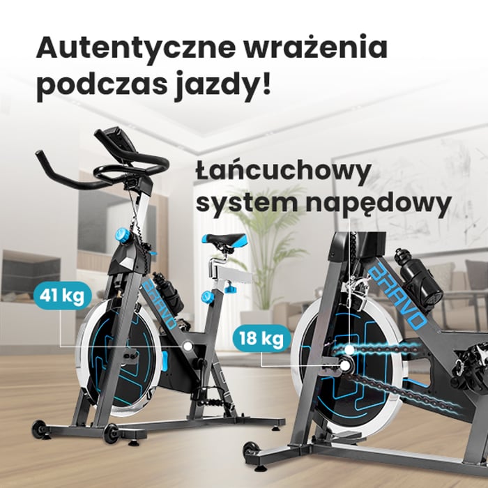 Rower spiningowy HS-045IC Bravo niebieski wyposażony w koło zamachowe o wadze 18 kg oraz łańcuchowy system napędowy