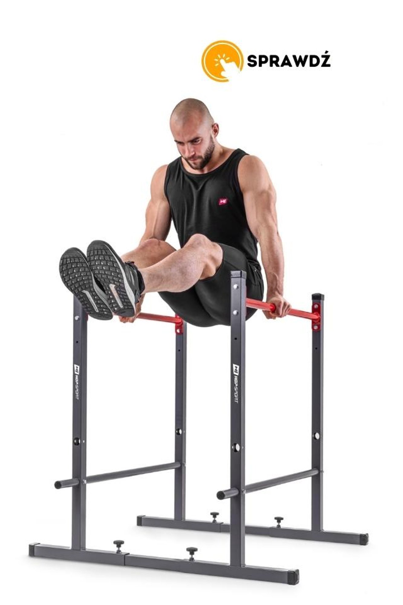 model wykonujący L-sit na poręczach do ćwiczeń HS-1010K marki Hop-Sport