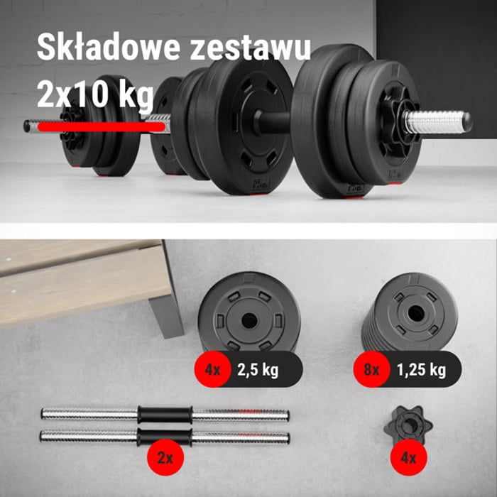 Zawartość hantli hop-sport 2x10 kg, 12 obciążeń bitumicznych, 2 gryfy