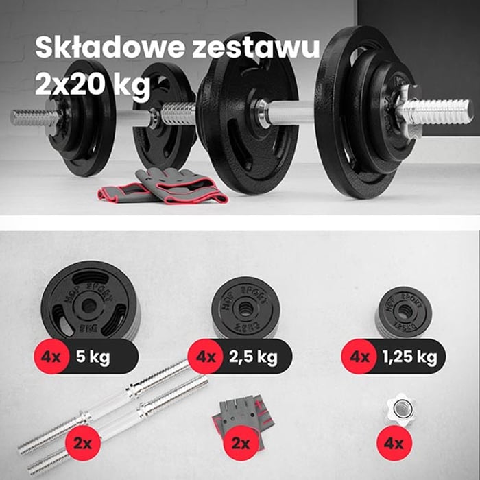 Zawartość hantli hop-sport 2 x 20 kg, 12 obciążeń żeliwnych, 2 gryfy, rękawiczki neoprenowe 