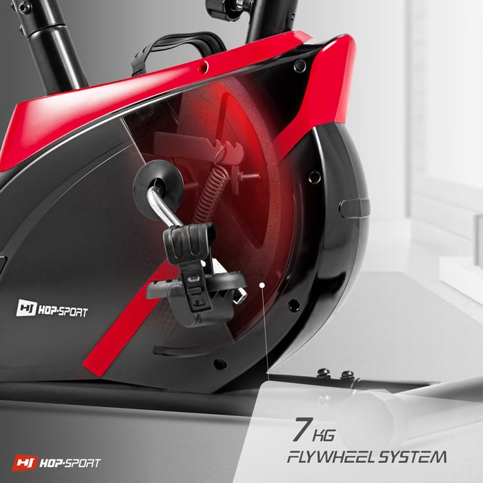 Rower treningowy HS-2070 Onyx czerwony wyposażony w system oporu odpowiedzialny za pracę rowerka