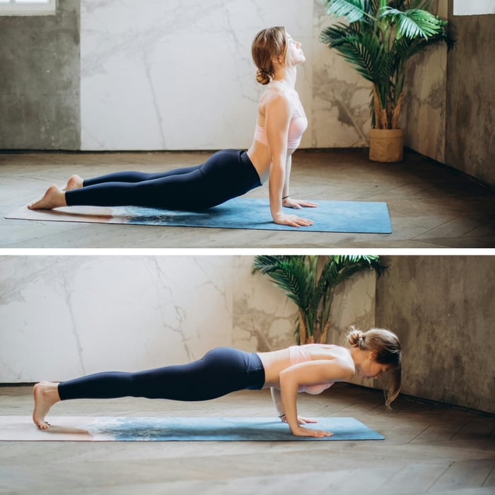 kobieta wykonująca ćwiczenia: sfinks i plank na macie do ćwiczeń