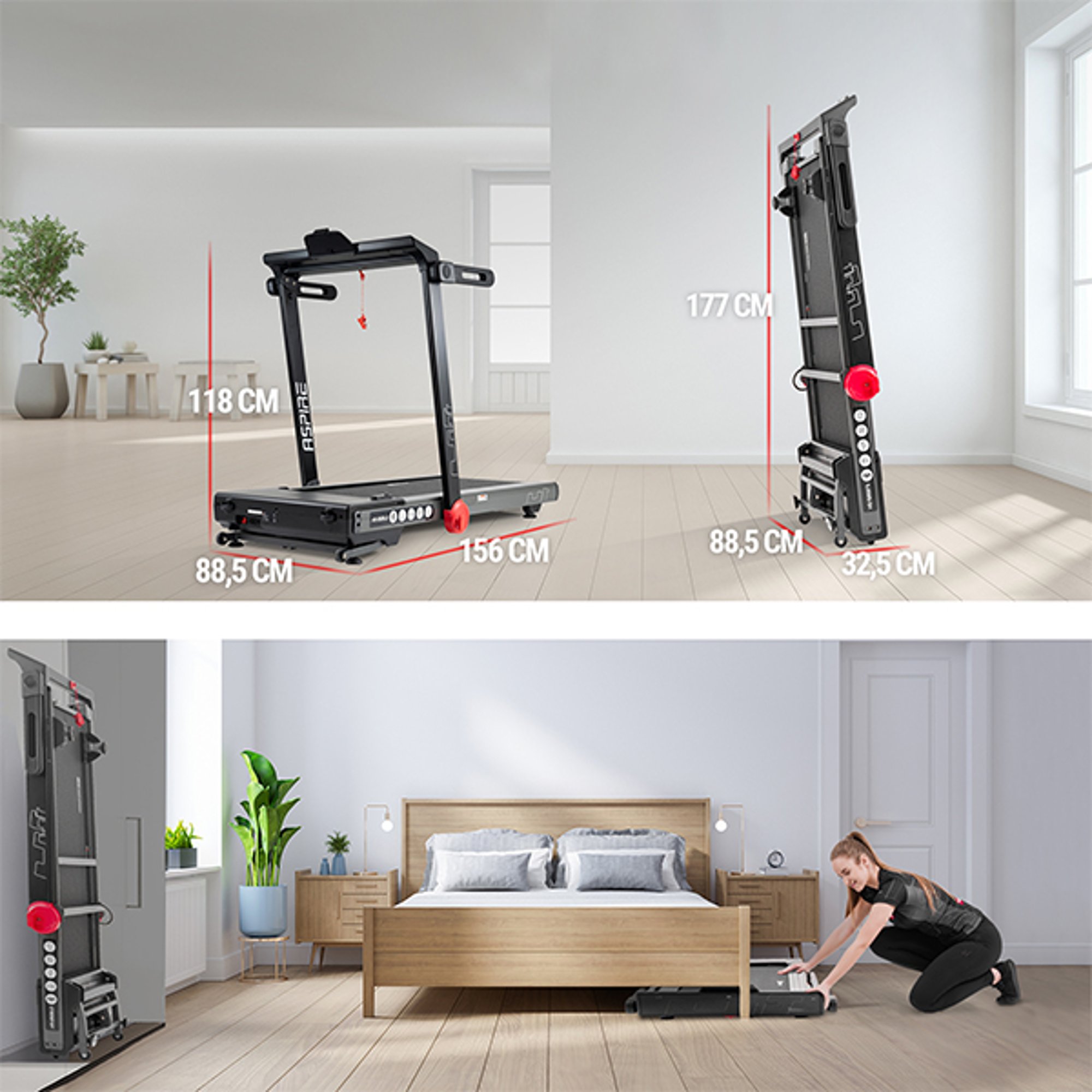 Łatwe przechowywanie bieżni Aspire po skończonym treningu