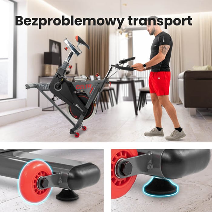 przemieszczanie rowerka dzięki rolkom transportowym w rowerze spinningowym HS-065IC Delta 