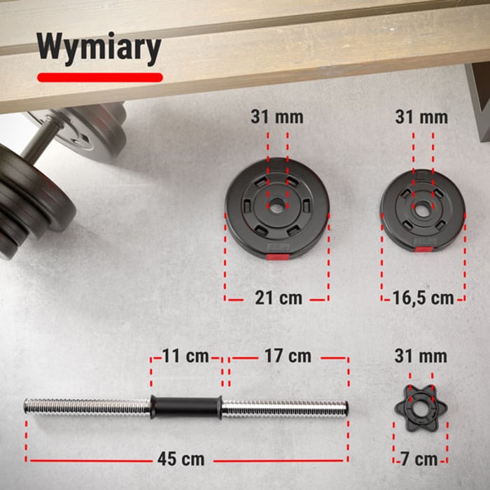 Obciążenia bitumiczne 2,5kg oraz 1,25 kg oraz gryf 45cm o średnicy 30 mm