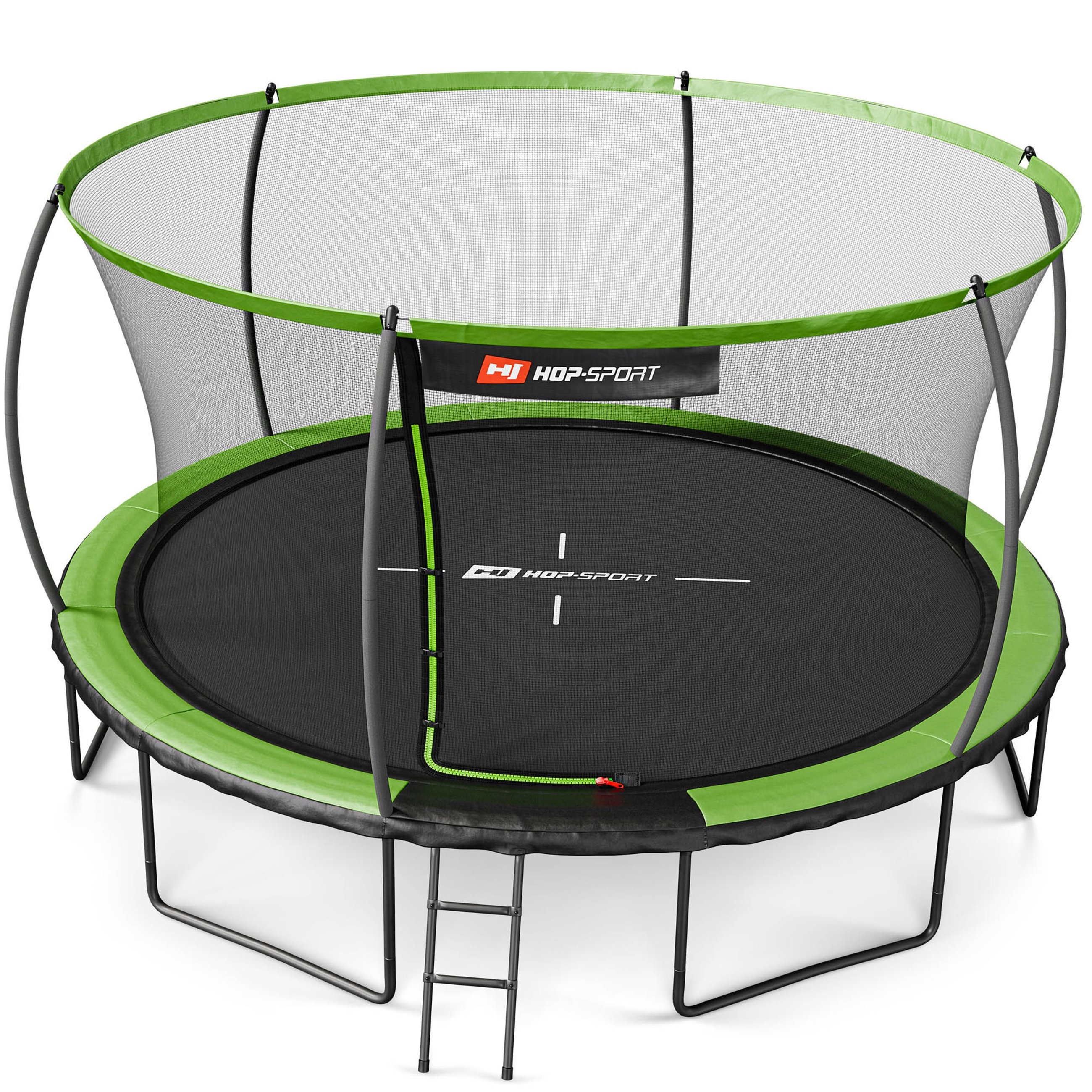 Trampolina Hop-Sport 14ft zielono-czarna, idealna do skakania na świeżym powietrzu, z certyfikatem bezpieczeństwa.