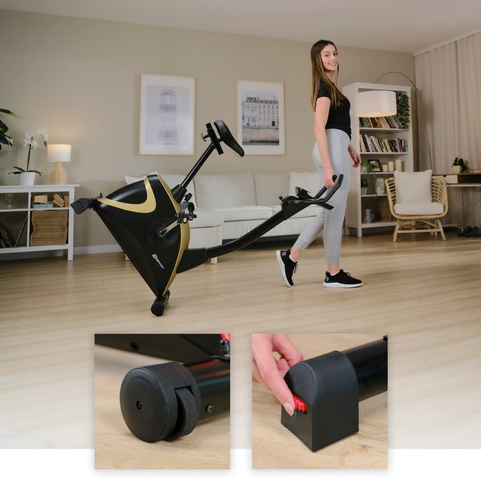 Rower stacjonarny HS-005H Host złoty ze stopkami poziomującymi i kółkami transportowymi