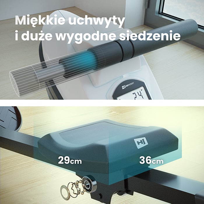 Wioślarz treningowy HS-060R Cross biały posiadający wygodne siodełko oraz piankowy uchwyt