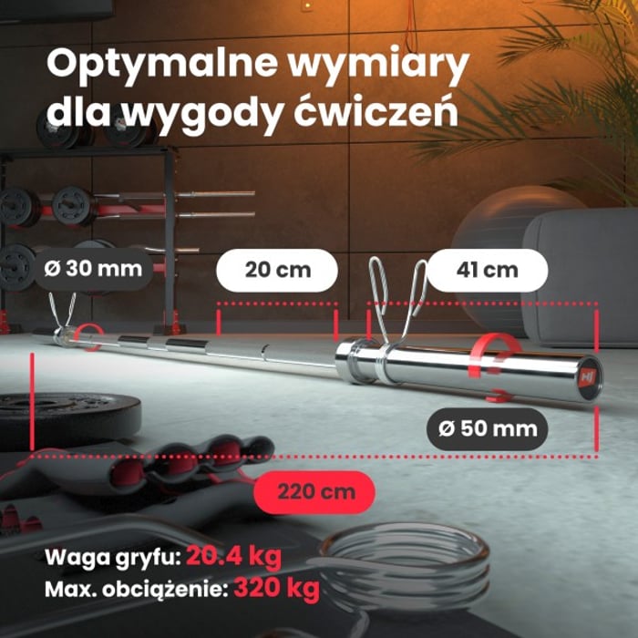 Wymiary gryfu olimpijskiego 220 cm ze stali chromowanej marki Hop-sport o średnicy 50 mm