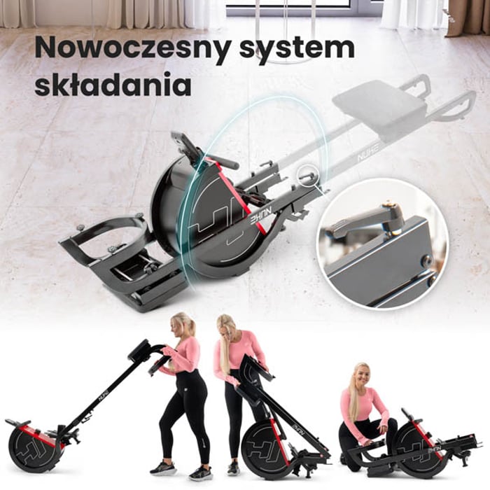 innowacyjny i kompaktowy system składania w wioślarzu treningowym hop-sport HS-075R nuke czerwonym