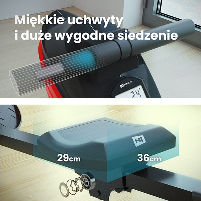 Wioślarz treningowy HS-060R Cross czerwony posiadający wygodne siodełko oraz piankowy uchwyt