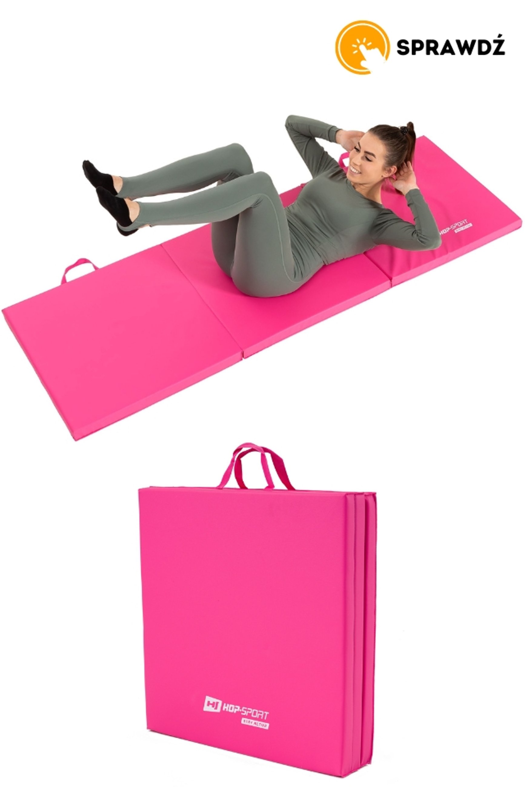 modelka ćwicząca na materacu gimnastycznym różowym marki Hop-Sport