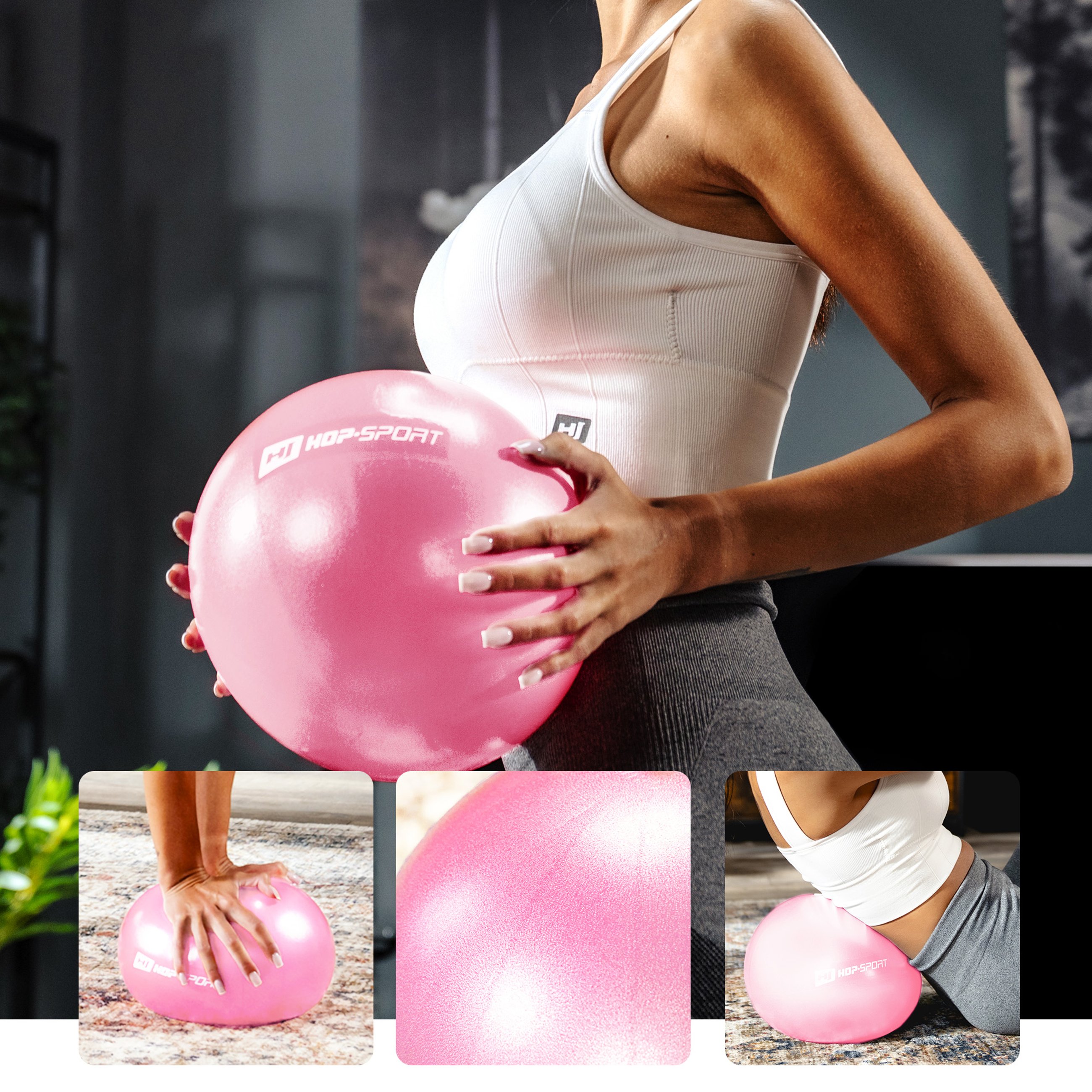 Modelka ćwiczy z różową piłką do pilatesu Hop-Sport