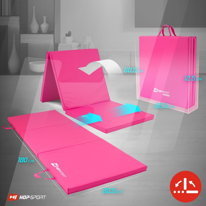 Przedstawiona możliwość złożenia materaca gimnastycznego marki Hop-Sport w kolorze różowym