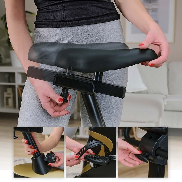 Rower stacjonarny HS-005H Host złoty z regulacją pionowa i pozioma siodełka, regulacją kierownicy i pasków pedałów