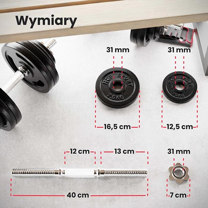 Obciążenia 1,25 oraz 2,5 kg oraz gryf 40 cm o średnicy 30 mm