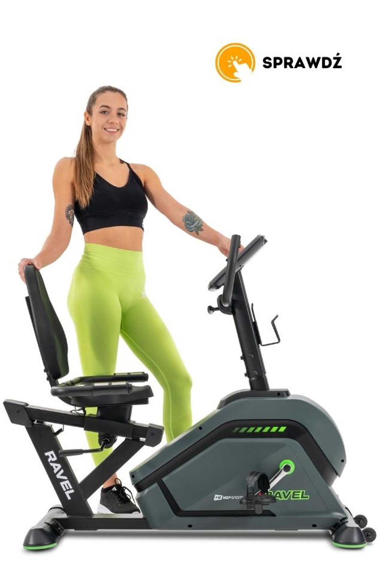 modelka prezentująca rower treningowy poziomy HS-120L Ravel, marki Hop-Sport