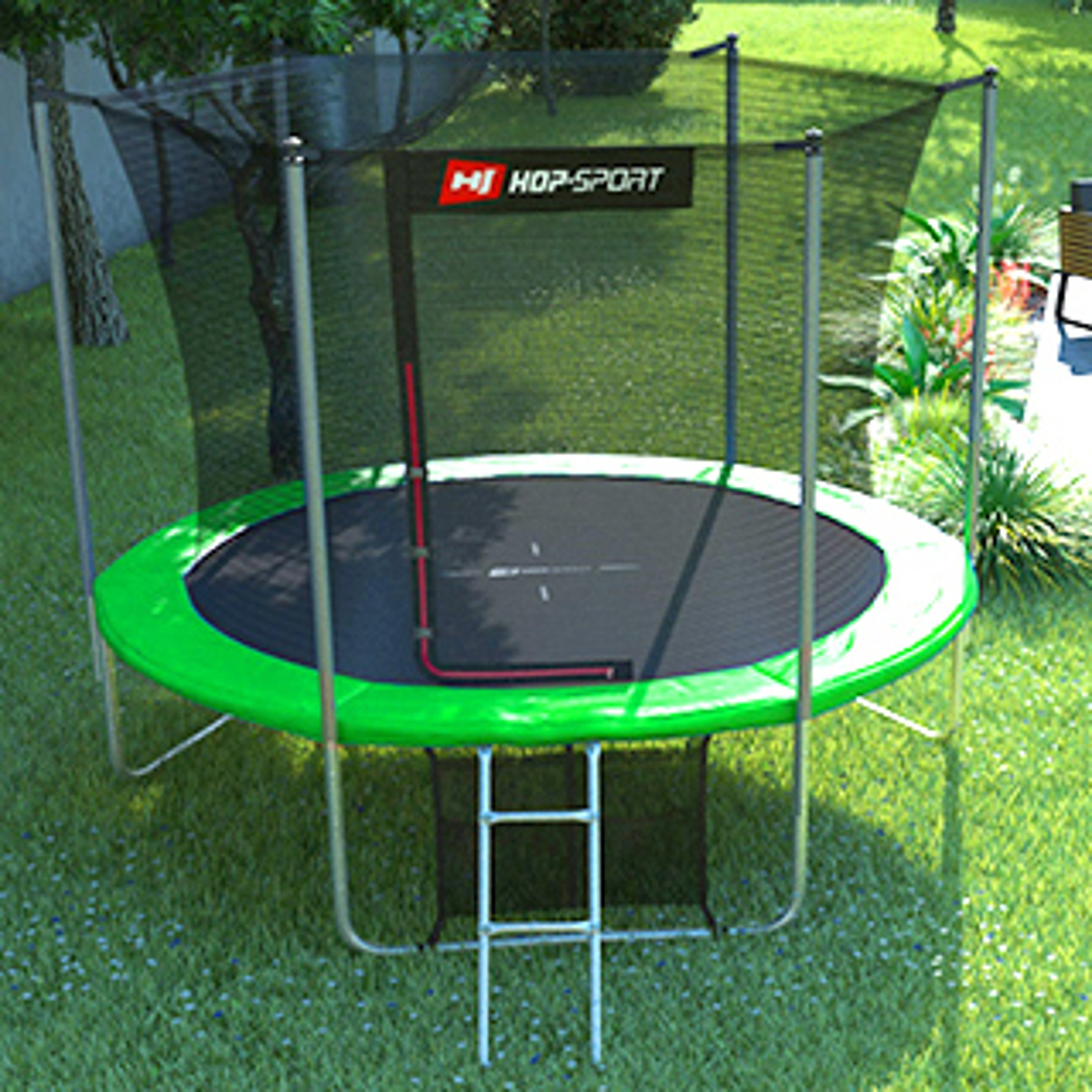 trampolina ogrodowa Hop-Sport w scenerii ogrodowej